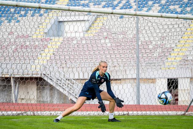 241024 Goalkeeper Selma Panengstuen of the Norwegian women s national football team during a training session on October 24, 2024 in Shkodër. Photo: Vegard Grott BILDBYRAN kod VG VG0679 bbeng fotboll football soccer fotball norge norway women dam UEFA EURO, EM, Europameisterschaft,Fussball Qualifier, EM, Europameisterschaft em-kvalifisering kvinner em-kvalik em-kval träning practice training trening Copyright: VEGARDxGRoTT BB241024VG055