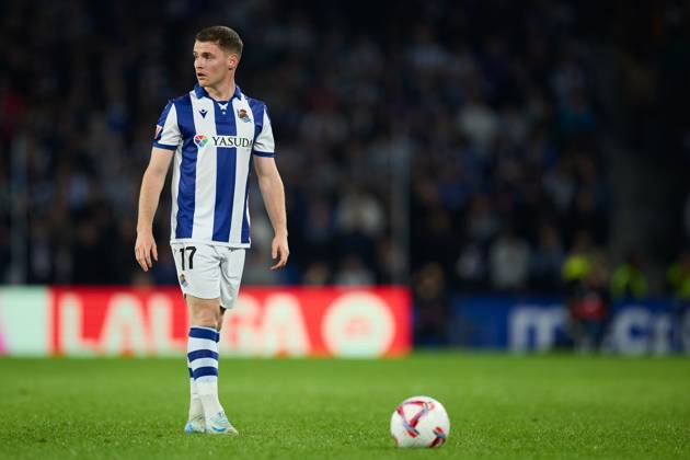 October 27, 2024, San Sebastian, Guipuzcoa, SPAIN: Sergio Gomez of Real Sociedad looks on during the LaLiga EA Sports match between Real Sociedad and CA Osasuna at Reale Arena on October 27, 2024, in San Sebastian, Spain. San Sebastian SPAIN - ZUMAa181 20241027_zaa_a181_302 Copyright: xRicardoxLarreinax