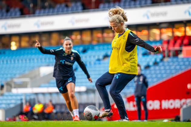 241028 Justine Kielland of the Norwegian women s national football team during a training session on October 28, 2024 in Oslo. Photo: Vegard Grott BILDBYRAN kod VG VG0682 bbeng fotboll football soccer fotball norge norway women dam UEFA EURO, EM, Europameisterschaft,Fussball Qualifier, EM, Europameisterschaft em-kvalifisering kvinner em-kvalik em-kval träning practice training trening Copyright: VEGARDxGRoTT BB241028VG079