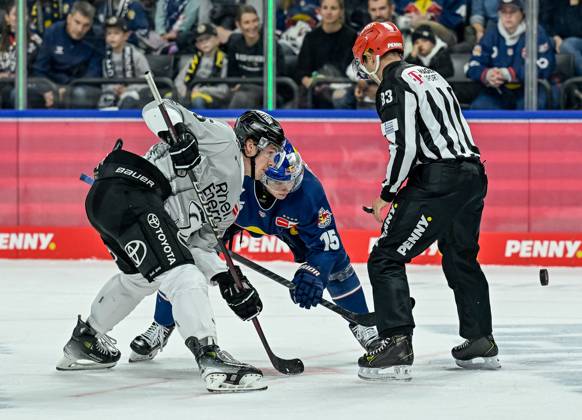 Linesperson David Tschirner fuehrt ein Bully Faceoff aus zwischen Louis-Marc Aubry (Koelner Haie, 15) und Nikolaus Heigl (EHC Red Bull Muenchen, 15). GER, EHC Red Bull Muenchen vs. Koelner Haie, Eishockey, DEL, 14. Spieltag, Saison 2024 2025, 01.11.2024. GER, EHC Red Bull Muenchen vs. Koelner Haie, Eishockey, DEL, 14. Spieltag, Saison 2024 2025, 01.11.2024. Muenchen Copyright: xEibner-Pressefoto HeikexFeinerx EP_HFR