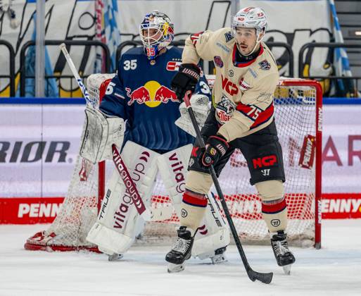 Samuel Dove-McFalls (Nuernberg Ice Tigers, 75) vor Mathias Niederberger (Torwart, EHC Red Bull Muenchen, 35). GER, EHC Red Bull Muenchen vs. Nuernberg Ice Tigers, Eishockey, DEL, 21. Spieltag, Saison 2024 2025, 28.11.2024. GER, EHC Red Bull Muenchen vs. Nuernberg Ice Tigers, Eishockey, DEL, 21. Spieltag, Saison 2024 2025, 28.11.2024. Muenchen Copyright: xEibner-Pressefoto HeikexFeinerx EP_HFR