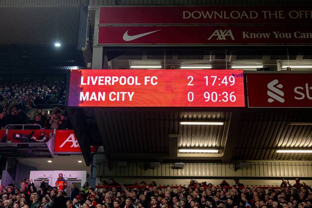Football - FA Premier League - Liverpool FC v Manchester City FC LIVERPOOL, ENGLAND - Sunday, December 1, 2024: The scoreboard during the FA Premier League match between Liverpool FC and Manchester City FC at Anfield. (Photo by David Rawcliffe Propaganda) LIVERPOOL Anfield MERSEYSIDE ENGLAND Copyright: xDavidxRawcliffex P2024-12-01-Liverpool_Man_City-45