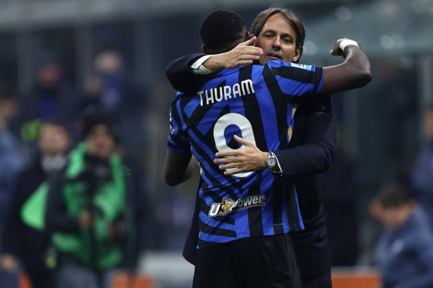 Serie A Fc Internazionale - Parma Calcio Marcus Thuram of Fc Internazionale celebrates with Simone Inzaghi, head coach of Fc Internazionale after scoring a goal during the Serie A match beetween Fc Internazionale and Parma Calcio at Stadio Giuseppe Meazza on December 6, 2024 in Milan Italy . Milano Stadio Giuseppe Meazza Italy Copyright: xMarcoxCanonierox