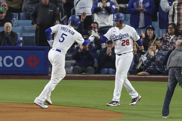 Los Angeles Dodgers first baseman Freddie Freeman (5) celebrates a home run with designated hitter J.D. Martinez (28) during a MLB, Baseball Herren, USA regular season game between the Los Angeles Dodgers and New York Mets, Monday, April 18, 2023 in Los Angeles, CA. The Mets defeated the Dodgers 8-6. (Brandon Sloter Image of Los Angeles CA United States EDITORIAL USE ONLY Copyright: xImagexofxSportx BrandonxSloterx iosphotos294051