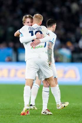 Gustav Isaksen of SS Lazio celebrates after scoring first goal during the Serie A match between SS Lazio and SSC Napoli at Stadio Olimpico Rome Italy on 15 February 2025. Rome Stadio Olimpico Rome Italy Copyright: xPhotoxGoalxPixx SP24-1129-046