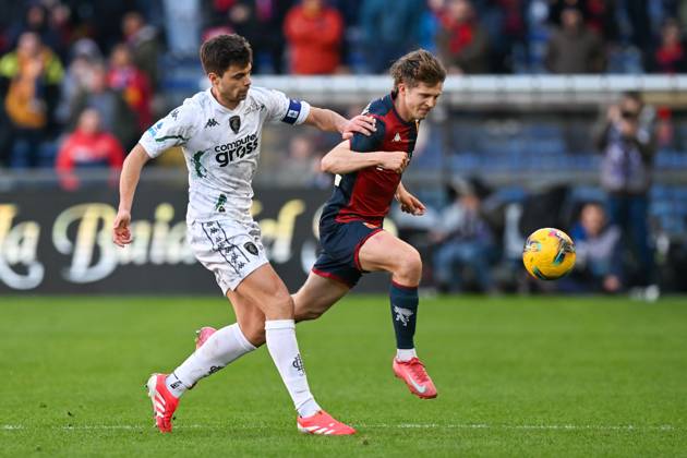 GenoaÕs Morten Frendrup fights for the ball during the Serie A soccer match between Genoa and Empoli at the Luigi Ferraris Stadium in Genoa, Italy - Sunday, March 02, 2025. - Soccer .  Copyright: xTanoxPecoraro LaPressex
