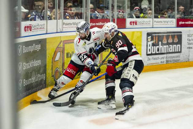 Kampf um den Puck Zweikampf zwischen Dominik Bohac (Blue Devils Weiden, 27) und Adam Payerl (Towerstars Ravensburg, 90), GER, Ravensburg Towerstars vs. Blue Devils Weiden, Eishockey, DEL2, Spielzeit 2024 2025, Spieltag 52, 23.09.25 GER, Ravensburg Towerstars vs. Blue Devils Weiden, Eishockey, DEL2, Spielzeit 2024 2025, Spieltag 52, 23.09.25 Ravenburg Copyright: xEibner-Pressefoto MaximilianxRistx EP_MRT