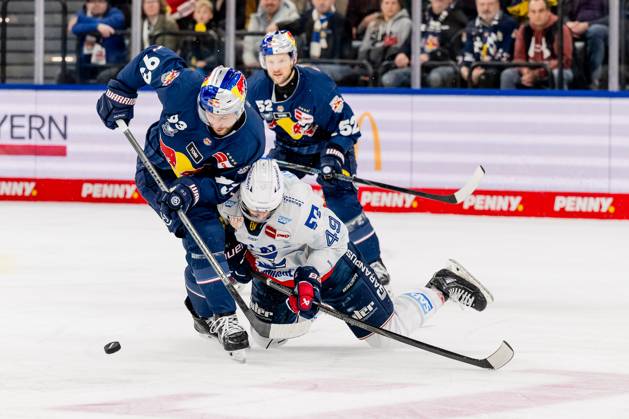Kampf um den Puck Zweikampf zwischen Maximilian Kastner (EHC Red Bull Muenchen, 93) und Lukas Kaelble (Adler Mannheim, 49). GER, EHC Red Bull Muenchen vs. Adler Mannheim, Eishockey, DEL, Playoffs, Viertelfinale Spiel 2, Saison 2024 2025, 19.03.2025. GER, EHC Red Bull Muenchen vs. Adler Mannheim, Eishockey, DEL, Playoffs, Viertelfinale Spiel 2, Saison 2024 2025, 19.03.2025. Muenchen Copyright: xEibner-Pressefoto HeikexFeinerx EP_HFR
