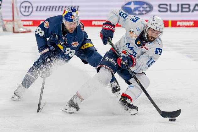 Kampf um den Puck Zweikampf zwischen Maximilian Kastner (EHC Red Bull Muenchen, 93) und Luke Esposito (Adler Mannheim, 19). GER, EHC Red Bull Muenchen vs. Adler Mannheim, Eishockey, DEL, Playoffs, Viertelfinale Spiel 2, Saison 2024 2025, 19.03.2025. GER, EHC Red Bull Muenchen vs. Adler Mannheim, Eishockey, DEL, Playoffs, Viertelfinale Spiel 2, Saison 2024 2025, 19.03.2025. Muenchen Copyright: xEibner-Pressefoto HeikexFeinerx EP_HFR