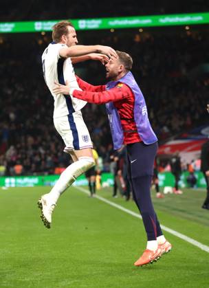 Harry Kane (E) celebrates scoring the second England goal with Jordan Henderson (E) at the FIFA World Cup, WM, Weltmeisterschaft, Fussball Qualifier, England v Albania, at Wembley Stadium, London, UK on 21st March, 2025.