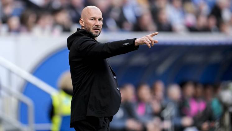 Christian Ilzer (Trainer, Cheftrainer, Hoffenheim), gibt Anweisungen, gestikuliert, mit den Armen gestikulieren, Einzelbild, Einzelfoto, Aktion, Action, 29.03.2025, Sinsheim (Deutschland), Fussball, Bundesliga, TSG 1899 Hoffenheim - FC Augsburg, DFB DFL REGULATIONS PROHIBIT ANY USE OF PHOTOGRAPHS AS IMAGE SEQUENCES AND OR QUASI-VIDEO.