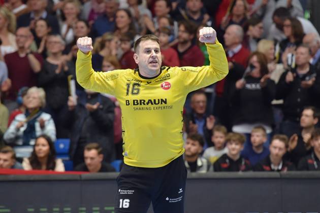 Jubel bei Nebojsa Simic (Torwart MT Melsungen 16) , GER, MT Melsungen - THW Kiel, Handball, 1. Bundesliga, 24. Spieltag, Saison 2024 2025, 29.03.2025, GER, MT Melsungen - THW Kiel, Handball, 1. Bundesliga, 24. Spieltag, Saison 2024 2025, 29.03.2025 Kassel Copyright: xEibner-Pressefotox xRolandxSippelx EP_RSL