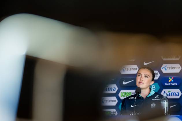 250407 Ingrid Syrstad Engen of the Norwegian women s national football team during a press conference, PK, Pressekonferenz on April 7, 2025 in Oslo. Photo: Vegard Grott BILDBYRAN kod VG VG0748 bbeng fotboll football soccer fotball norge norway women dam nations league press conference pressekonferanse Copyright: VEGARDxGRoTT BB250407VG055