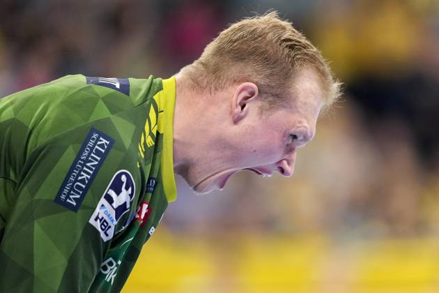 David Späth (Torwart, RNL, 29), Einzelbild, Einzelfoto, Aktion, Action, Jubel, jubeln, jubelt, celebration, Freude, freuen, freut sich, zuversichtlich, optimistisch, positiv, Spielszene, 15.05.2025, Mannheim (Deutschland), Handball, Bundesliga, Rhein-Neckar Löwen - 1. VfL Potsdam