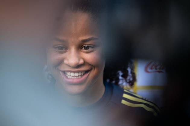 250526 Felicia Schröder of the Swedish women™s national football team in mixed zone after a training session on May 26, 2025 in Fidenza. Photo: Ludvig Thunman BILDBYRAN kod LT LT0701 fotboll football soccer fotball träning practice training sverige sweden dam bbeng Copyright: LUDVIGxTHUNMAN BB250526LT072