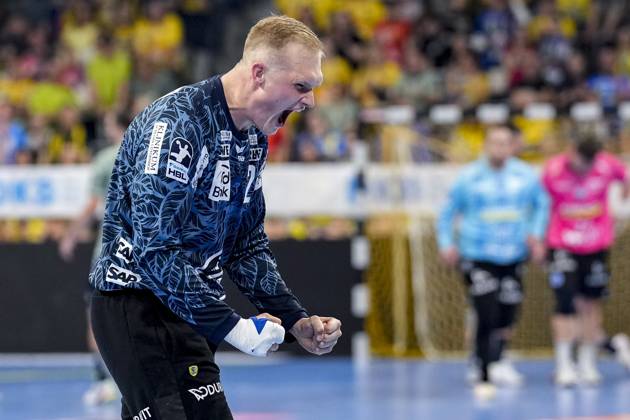 David Späth (Torwart, RNL, 29), Einzelbild, Einzelfoto, Aktion, Action, Jubel, jubeln, jubelt, celebration, Freude, freuen, freut sich, zuversichtlich, optimistisch, positiv, Spielszene, 29.05.2025, Mannheim (Deutschland), Handball, Bundesliga, Rhein-Neckar Löwen - TVB Stuttgart