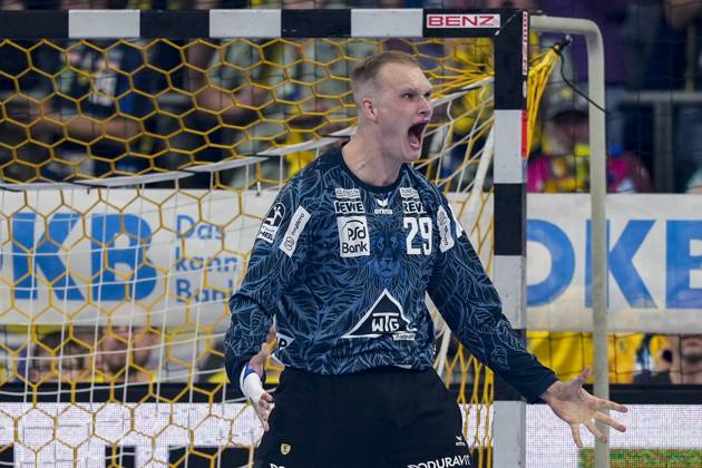David Späth (Torwart, RNL, 29), Einzelbild, Einzelfoto, Aktion, Action, Jubel, jubeln, jubelt, celebration, Freude, freuen, freut sich, zuversichtlich, optimistisch, positiv, Spielszene, 29.05.2025, Mannheim (Deutschland), Handball, Bundesliga, Rhein-Neckar Löwen - TVB Stuttgart
