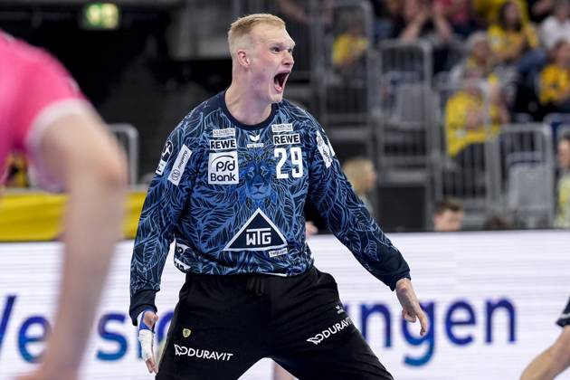 David Späth (Torwart, RNL, 29), Einzelbild, Einzelfoto, Aktion, Action, Jubel, jubeln, jubelt, celebration, Freude, freuen, freut sich, zuversichtlich, optimistisch, positiv, Spielszene, 29.05.2025, Mannheim (Deutschland), Handball, Bundesliga, Rhein-Neckar Löwen - TVB Stuttgart
