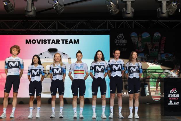 MOVISTAR TEAM During the team presentation ahead of the Giro d™Italia women cycling race in Bergamo. The race starts on Sunday July 6, with the first Tudor ITT stage over 14,2 km, from and to Bergamo, North Italy - Saturday, July 5, 2025. - cycling . Copyright: xStefanoxNicoli LaPressex