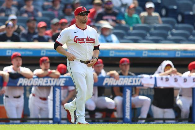 Cleveland Guardians manager Stephen Vogt walks to the mound during the tenth inning against the Detroit Tigers at Progressive Field in Cleveland, Ohio on Sunday, July 6, 2025. The Tigers defeated the Guardians 7-2. CLE20250706122 AARONxJOSEFCZYK