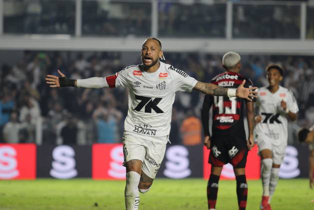 Match between Santos and Flamengo Santos (SP), 7 16 2025 - Football Santos x Flamengo - Neymar Jr celebrates a goal, during the match between Santos x Flamengo, valid for the 14th round of the Brazilian Championship Series A, held at Vila Belmiro, this Wednesday (16). Sao Paulo Brasil Copyright: xMiguelxMourax