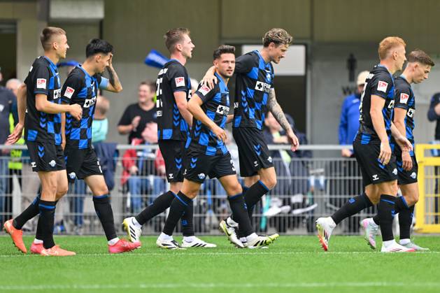Paderborn, Home Deluxe Arena, 02.08.25, GER, Herren, 2.Bundesliga, Saison 2025-2026, SC Paderborn 07 - KSV Holstein Kiel Bild: Marcel HOFFMEIER (Paderborn) jubelt nach seinem Tor zum 1:0 DFL regulations prohibit any use of photographs as image sequences and or quasi-video. NRW Deutschland