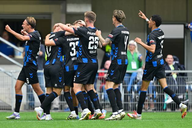 Paderborn, Home Deluxe Arena, 02.08.25, GER, Herren, 2.Bundesliga, Saison 2025-2026, SC Paderborn 07 - KSV Holstein Kiel Bild: Marcel HOFFMEIER (Paderborn) jubelt nach seinem Tor zum 1:0 DFL regulations prohibit any use of photographs as image sequences and or quasi-video. NRW Deutschland