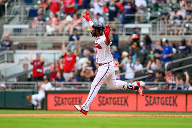 Atlanta Braves center fielder Michael Harris II (23) celebrates after hitting a home run during a game against the Miami Marlins at Truist Park in Marietta, Georgia on Sunday, August 10, 2025. Jen Pawol, a minor-league umpire since 2016, makes her major-league debut on Saturday, making her the first female umpire in regular-season MLB, Baseball Herren, USA history. ATL20250810152 JulianxAlexander