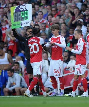 Football - 2025 2026 Premier League - Arsenal vs Leeds United - Emirates Stadium - Saturday 23rd August 2025 15 year old Max Robert Dowman of Arsenal coming on to make his Premiership Debut for Noni Madueke