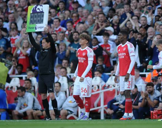 Football - 2025 2026 Premier League - Arsenal vs Leeds United - Emirates Stadium - Saturday 23rd August 2025 15 year old Max Robert Dowman of Arsenal coming on to make his Premiership Debut for Noni Madueke