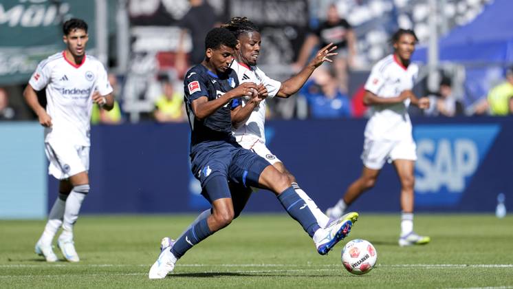 v.li.: Bernardo Fernandes da Silva Junior (Hoffenheim, 13), Elye Wahi (SGE, 17), Zweikampf, Spielszene, Duell, duel, tackle, tackling, Dynamik, Action, Aktion, 30.08.2025, Sinsheim (Deutschland), Fussball, Bundesliga, TSG 1899 Hoffenheim - Eintracht Frankfurt, DFB DFL REGULATIONS PROHIBIT ANY USE OF PHOTOGRAPHS AS IMAGE SEQUENCES AND OR QUASI-VIDEO.