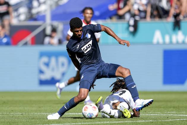 v.li.: Bernardo Fernandes da Silva Junior (Hoffenheim, 13), Elye Wahi (SGE, 17), Zweikampf, Spielszene, Duell, duel, tackle, tackling, Dynamik, Action, Aktion, 30.08.2025, Sinsheim (Deutschland), Fussball, Bundesliga, TSG 1899 Hoffenheim - Eintracht Frankfurt, DFB DFL REGULATIONS PROHIBIT ANY USE OF PHOTOGRAPHS AS IMAGE SEQUENCES AND OR QUASI-VIDEO.