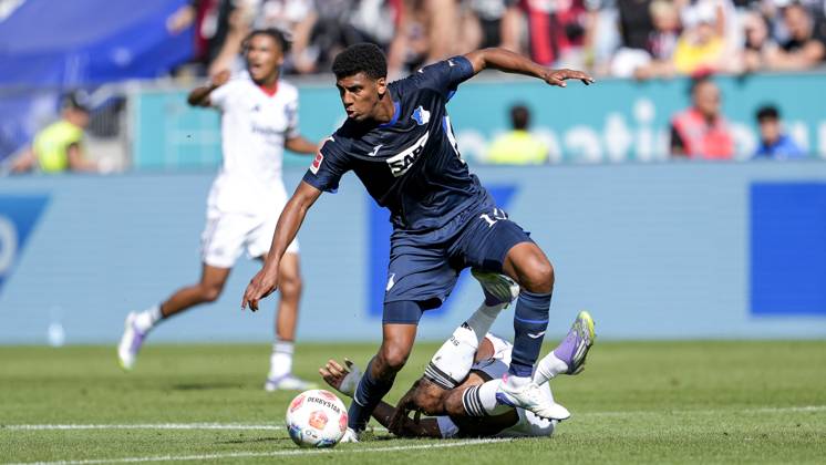 v.li.: Bernardo Fernandes da Silva Junior (Hoffenheim, 13), Elye Wahi (SGE, 17), Zweikampf, Spielszene, Duell, duel, tackle, tackling, Dynamik, Action, Aktion, 30.08.2025, Sinsheim (Deutschland), Fussball, Bundesliga, TSG 1899 Hoffenheim - Eintracht Frankfurt, DFB DFL REGULATIONS PROHIBIT ANY USE OF PHOTOGRAPHS AS IMAGE SEQUENCES AND OR QUASI-VIDEO.