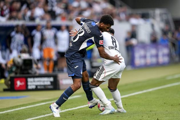v.li.: Bernardo Fernandes da Silva Junior (Hoffenheim, 13), Fares Chaibi (SGE, 8), Zweikampf, Spielszene, Duell, duel, tackle, tackling, Dynamik, Action, Aktion, 30.08.2025, Sinsheim (Deutschland), Fussball, Bundesliga, TSG 1899 Hoffenheim - Eintracht Frankfurt, DFB DFL REGULATIONS PROHIBIT ANY USE OF PHOTOGRAPHS AS IMAGE SEQUENCES AND OR QUASI-VIDEO.