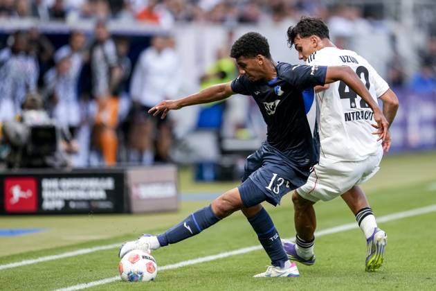 v.li.: Bernardo Fernandes da Silva Junior (Hoffenheim, 13), Can Uzun (SGE, 42), Zweikampf, Spielszene, Duell, duel, tackle, tackling, Dynamik, Action, Aktion, 30.08.2025, Sinsheim (Deutschland), Fussball, Bundesliga, TSG 1899 Hoffenheim - Eintracht Frankfurt, DFB DFL REGULATIONS PROHIBIT ANY USE OF PHOTOGRAPHS AS IMAGE SEQUENCES AND OR QUASI-VIDEO.