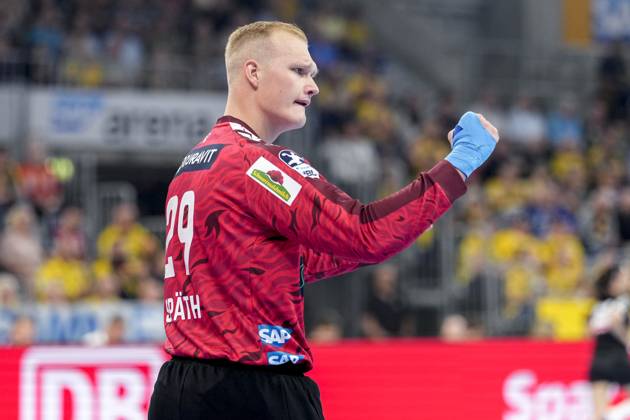 David Späth (Torwart, RNL, 29), Einzelbild, Einzelfoto, Aktion, Action, Jubel, jubeln, jubelt, celebration, Freude, freuen, freut sich, zuversichtlich, optimistisch, positiv, Spielszene, 03.09.2025, Mannheim (Deutschland), Handball, Bundesliga, Rhein-Neckar Löwen - TSV GWD Minden
