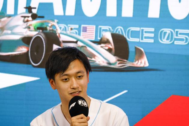 Drivers press conference, PK, Pressekonferenz held in Florida ahead of the F1 Grand Prix of Miami MIAMI GARDENS, FLORIDA, UNITED STATES - MAY 4: Driver Zhou Guanyu of Oracle Alfa Romeo F1 Team speaks during a drivers press conference ahead of the F1 Grand Prix of Miami at the Miami International Autodrome on May 04, 2023 in Miami Gardens, Florida, United States. Florida United States. Editorial use only. Please get in touch for any other usage. Copyright: x2025xAnadoluxEvaxMariexUzcategulxTx