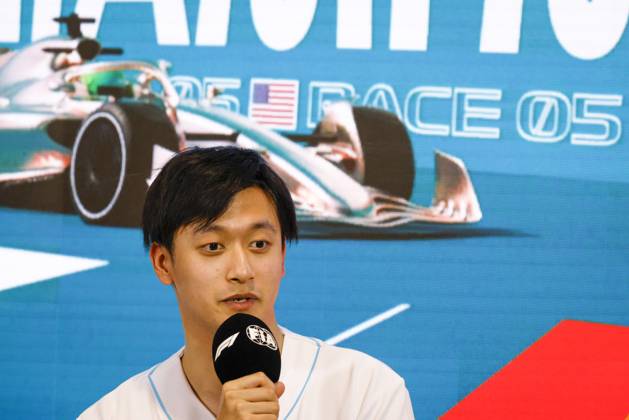Drivers press conference, PK, Pressekonferenz held in Florida ahead of the F1 Grand Prix of Miami MIAMI GARDENS, FLORIDA, UNITED STATES - MAY 4: Driver Zhou Guanyu of Oracle Alfa Romeo F1 Team speaks during a drivers press conference ahead of the F1 Grand Prix of Miami at the Miami International Autodrome on May 04, 2023 in Miami Gardens, Florida, United States. Florida United States. Editorial use only. Please get in touch for any other usage. Copyright: x2025xAnadoluxEvaxMariexUzcategulxTx