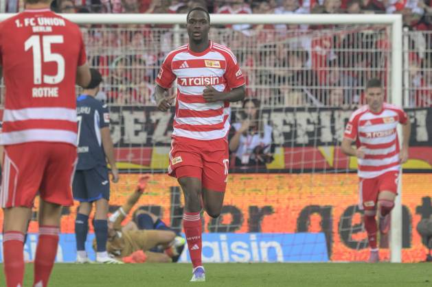 im Bild v.l.: Tor, Treffer, Jubel, Torjubel, Freude, Begeisterung, feiert, nach 1:2, Ilyas Ansah (1.FC Union), GER, Berlin, 1. FC Union Berlin vs TSG Hoffenheim, 1. Bundesliga, Fussball, DFB, Spielzeit 2025 2026, Alte Foersterei, . Spieltag, DFB DFL REGULATIONS PROHIBIT ANY USE OF PHOTOGRAPHS AS IMAGE SEQUENCES AND OR QUASI-VIDEO, 13.09.25, Copyright: HMBxMedia UwexKoch
