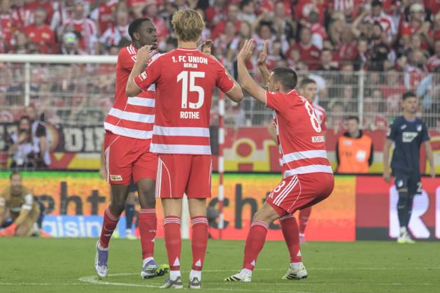 im Bild v.l.: Tor, Treffer, Jubel, Torjubel, Freude, Begeisterung, feiert, nach 1:2, Ilyas Ansah (1.FC Union), GER, Berlin, 1. FC Union Berlin vs TSG Hoffenheim, 1. Bundesliga, Fussball, DFB, Spielzeit 2025 2026, Alte Foersterei, . Spieltag, DFB DFL REGULATIONS PROHIBIT ANY USE OF PHOTOGRAPHS AS IMAGE SEQUENCES AND OR QUASI-VIDEO, 13.09.25, Copyright: HMBxMedia UwexKoch