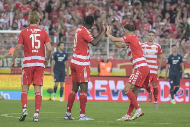 im Bild v.l.: Tor, Treffer, Jubel, Torjubel, Freude, Begeisterung, feiert, nach 1:2, Ilyas Ansah (1.FC Union), GER, Berlin, 1. FC Union Berlin vs TSG Hoffenheim, 1. Bundesliga, Fussball, DFB, Spielzeit 2025 2026, Alte Foersterei, . Spieltag, DFB DFL REGULATIONS PROHIBIT ANY USE OF PHOTOGRAPHS AS IMAGE SEQUENCES AND OR QUASI-VIDEO, 13.09.25, Copyright: HMBxMedia UwexKoch