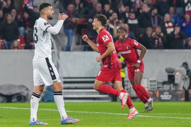 Maximilian Eggestein (SC Freiburg, 08) Torjubel, Emotionen, Torschuss, Abschluss, Torerfolg, Tor, Treffer , Deutschland, Fussball, UEFA Europa League, 1.Spieltag, Ligaphase, 2025 2026, SC Freiburg vs. FC Basel, 24.09.2025, Europa-Park Stadion, Freiburg, Deutschland Freiburg Europa-Park Stadion Baden-Württemberg Deutschland Copyright: xArnexAmbergx