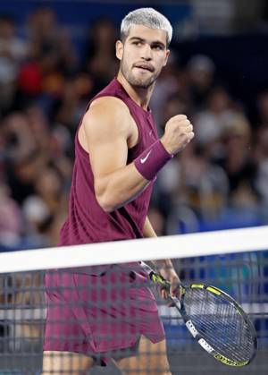 Tennis: Japan Open Carlos Alcaraz of Spain reacts after winning a point in a men s singles second-round match against Zizou Bergs of Belgium at the Japan Open tennis tournament at Ariake Tennis Park in Tokyo on Sept. 27, 2025. A14AA0004889997P