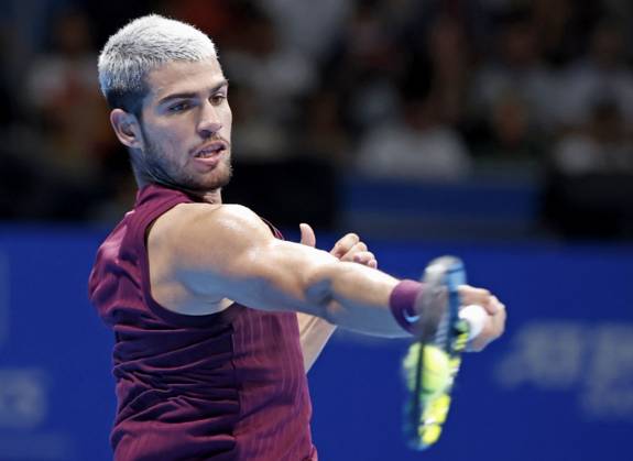 Tennis: Japan Open Carlos Alcaraz of Spain plays against Taylor Fritz of the United States in the men s singles final at the Japan Open tennis tournament at Ariake Coliseum in Tokyo on Sept. 30, 2025. A14AA0004897119P