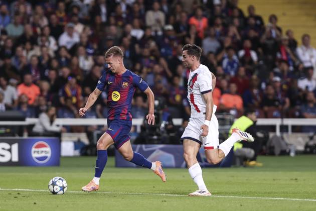October 1, 2025, Barcelona, Barcelona, SPAIN: Dani Olmo of FC Barcelona, Barca and Fabian Ruiz of Paris Saint-Germain FC in action during the UEFA Champions League 2025 26 League Phase MD2, match between FC Barcelona and Paris Saint-Germain at Estadi Olimpic Lluis Companys on October 01, 2025 in Barcelona, Spain. Barcelona SPAIN - ZUMAa181 20251001_zaa_a181_057 Copyright: xJavierxBorregox