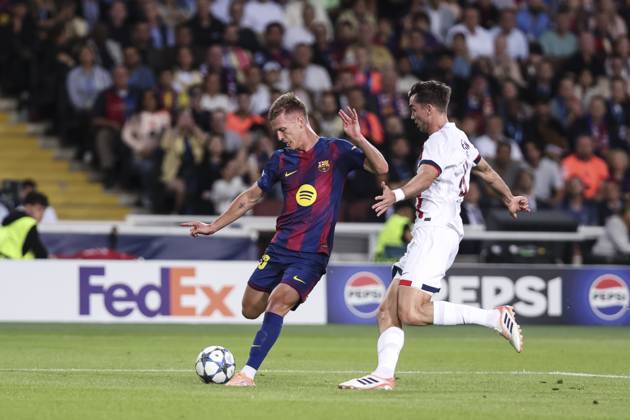 October 1, 2025, Barcelona, Barcelona, SPAIN: Dani Olmo of FC Barcelona, Barca and Fabian Ruiz of Paris Saint-Germain FC in action during the UEFA Champions League 2025 26 League Phase MD2, match between FC Barcelona and Paris Saint-Germain at Estadi Olimpic Lluis Companys on October 01, 2025 in Barcelona, Spain. Barcelona SPAIN - ZUMAa181 20251001_zaa_a181_060 Copyright: xJavierxBorregox