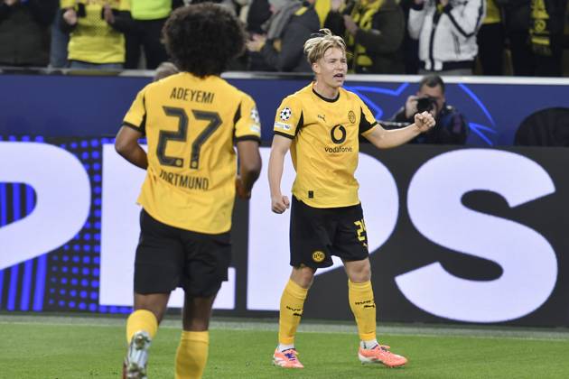 Daniel Svensson (Dortmund 24) jubelt nach dem Tor zum 1:0 01.04.2025 Fussball, Champions League, Borussia Dortmund vs Athletic Club de Bilbao, Signal Iduna Park, Dortmund,