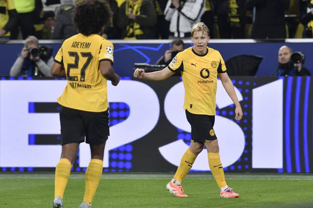 Daniel Svensson (Dortmund 24) jubelt nach dem Tor zum 1:0 mit Karim Adeyemi (Dortmund 27) 01.04.2025 Fussball, Champions League, Borussia Dortmund vs Athletic Club de Bilbao, Signal Iduna Park, Dortmund,