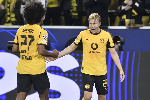 Daniel Svensson (Dortmund 24) jubelt nach dem Tor zum 1:0 mit Karim Adeyemi (Dortmund 27) 01.04.2025 Fussball, Champions League, Borussia Dortmund vs Athletic Club de Bilbao, Signal Iduna Park, Dortmund,