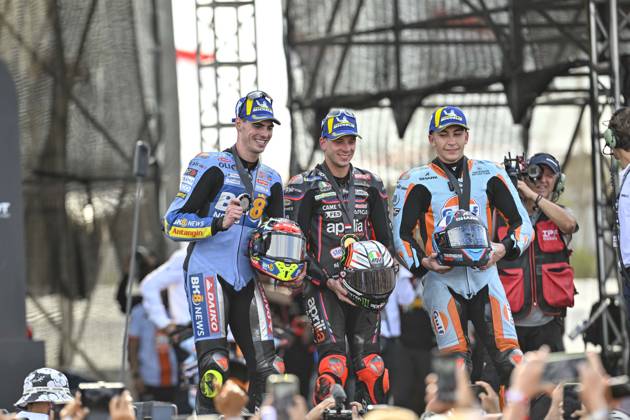 MOTO - MOTO GP - GRAND PRIX OF INDONESIA 2026 BEZECCHI Marco (ita), Aprilia Racing Team Gresini, Aprilia RS-GP 2025, podium, portrait of the Sprint Race with ALDEGUER Fermin (spa), Gresini Racing MotoGP, Ducati Desmosedici GP24 and FERNANDEZ Raul (spa), Trackhouse Racing, Aprilia RS-GP 2024 during the 2025 MotoGP Pertamina Grand Prix of Indonesia on the Mandalika circuit from October 3 to 5, At West Nusa Tenggara, Indonesia - West Nusa TenggaraIndonesia Copyright: xGIGIxSOLDANOx